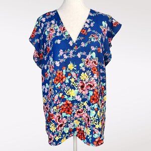 Rachel Roy Blue Floral V Neck Flutter Sleeve Blouse Large